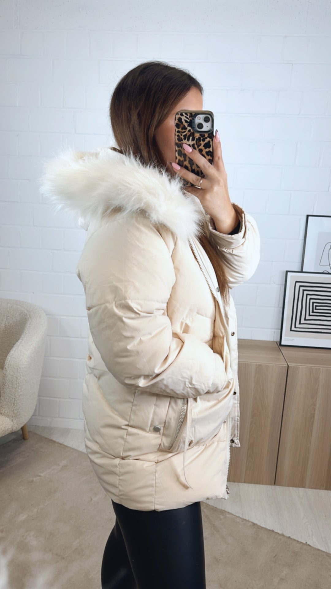 mittellange Stepp Jacke, abnehmbarer Kapuzenkragen / creme Art. 12870