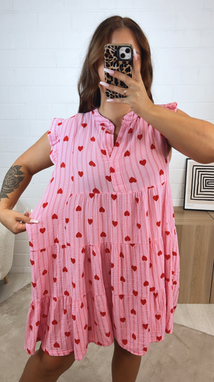 STREIFEN - HERZEN Musselin Hängerchen Kleid / rosa - altrosa - rot Art. 10099