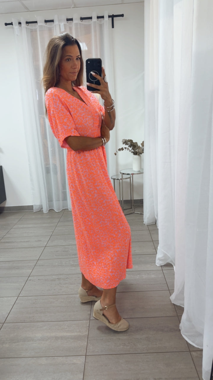 LEO Musselin Midi Sommerkleid, geraffte Taille / rosa - orange Art. 15449