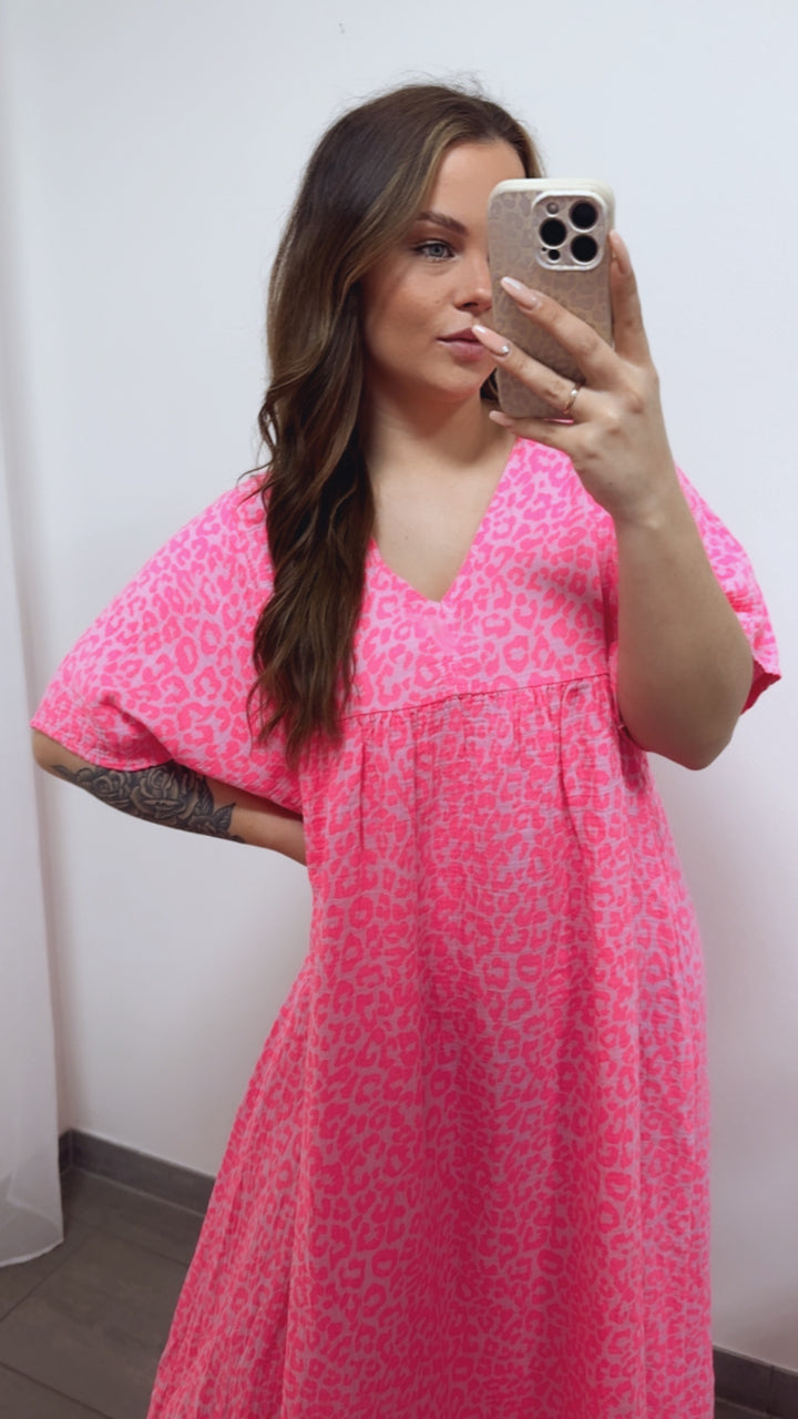 LEO langes Musselin Kleid, kurze Ärmel / rosa - Neon pink Art. 14690