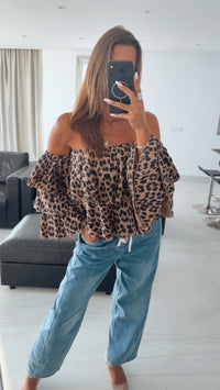 LEO Musselin Off-Shoulder Oberteil, Volant / Karamell - schwarz - taupe Art. 16062