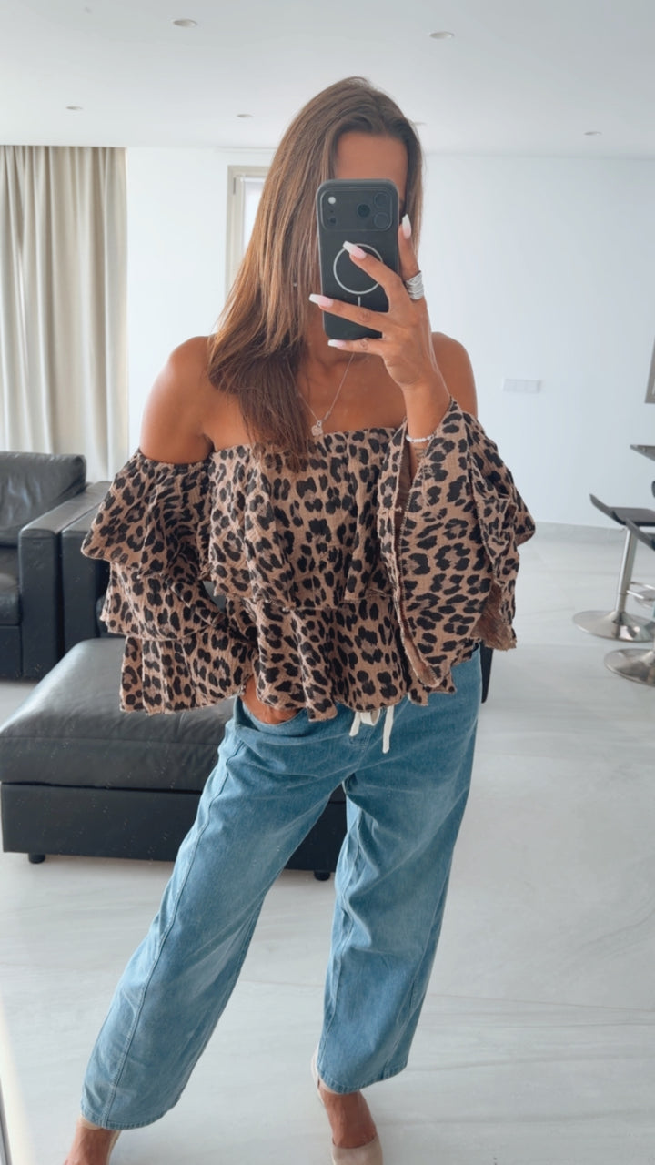LEO Musselin Off-Shoulder Oberteil, Volant / Karamell - schwarz - taupe Art. 16062