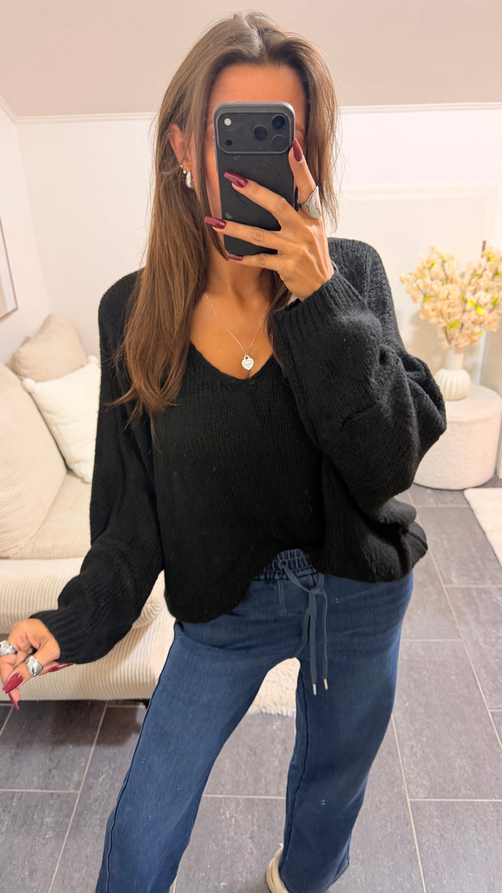 Wollfreier Fledermaus Strick Pullover / schwarz Art.16555