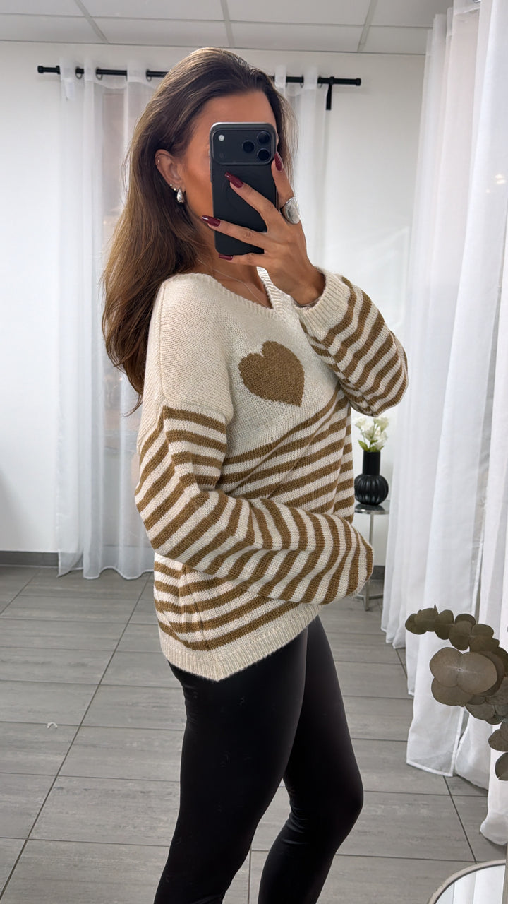 STREIFEN + HERZ Strick Pullover, V-Ausschnitt / creme - camel Art. 16587