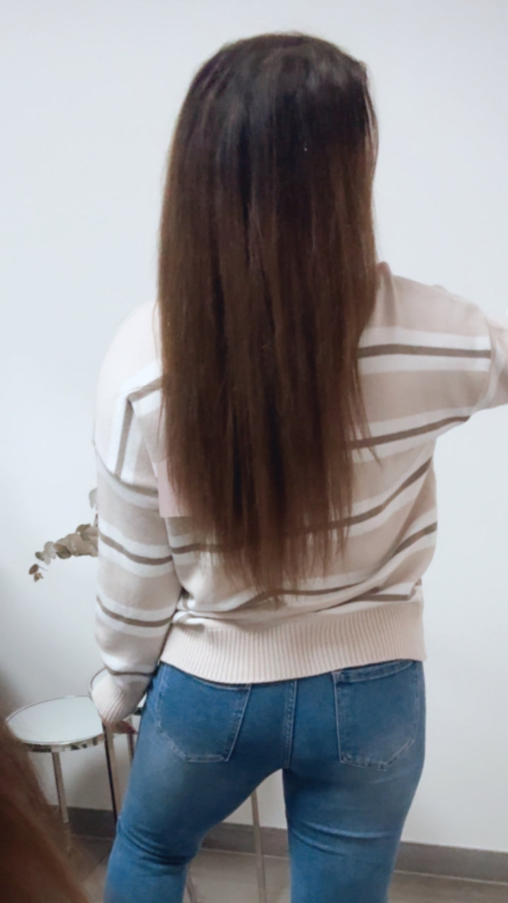 dreifarbiger, gestreifter Pullover / creme - taupe - weiss Art. 13828