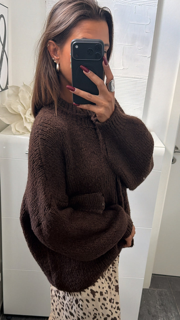 Oversize Strick Cardigan mit Taschen, Strick Knöpfe / Schoko braun Art. 16455