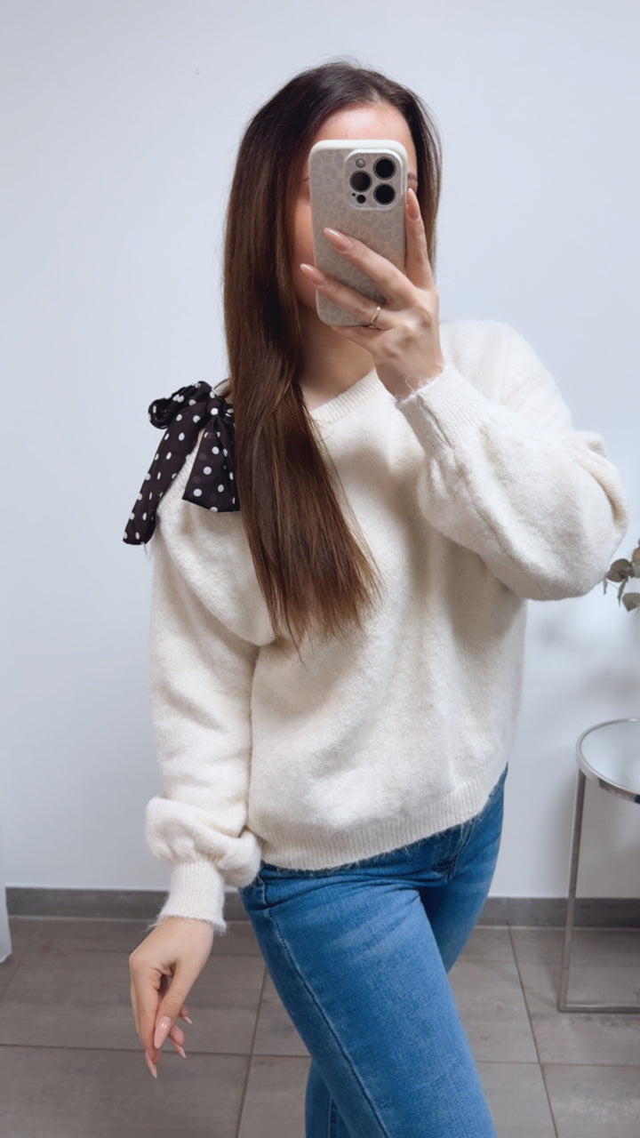 ONE SHOULDER Pullover, Punkte Schleife / wollweiss creme Art. 13816