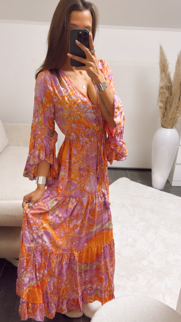 (Maxi-) Kleid mit extravagantem Muster / lila - orange - camel - gold Art. 9374