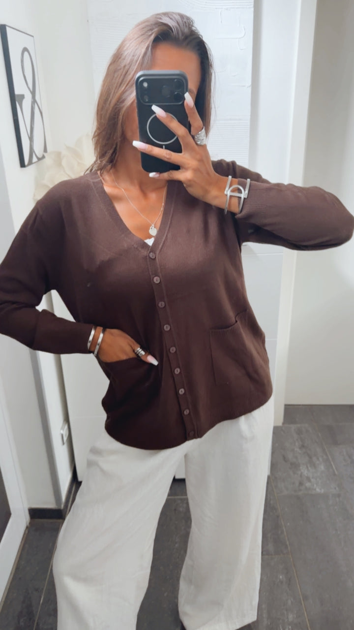 Feinstrick Cardigan mit Taschen auf der Vorderseite / braun Art.15685