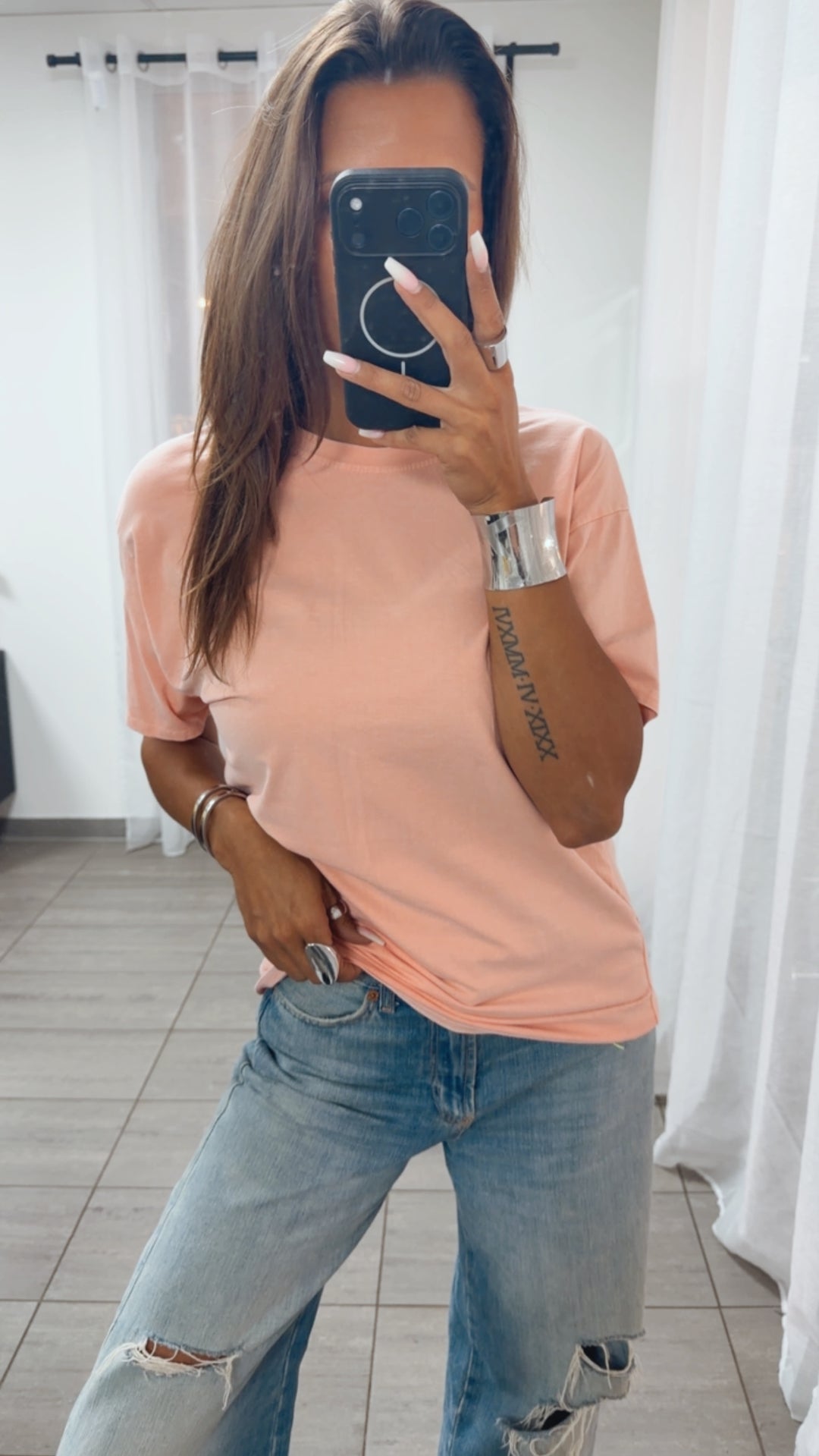 Oversize Basic Shirt, Rundhalsausschnitt / soft apricot Art. 15521