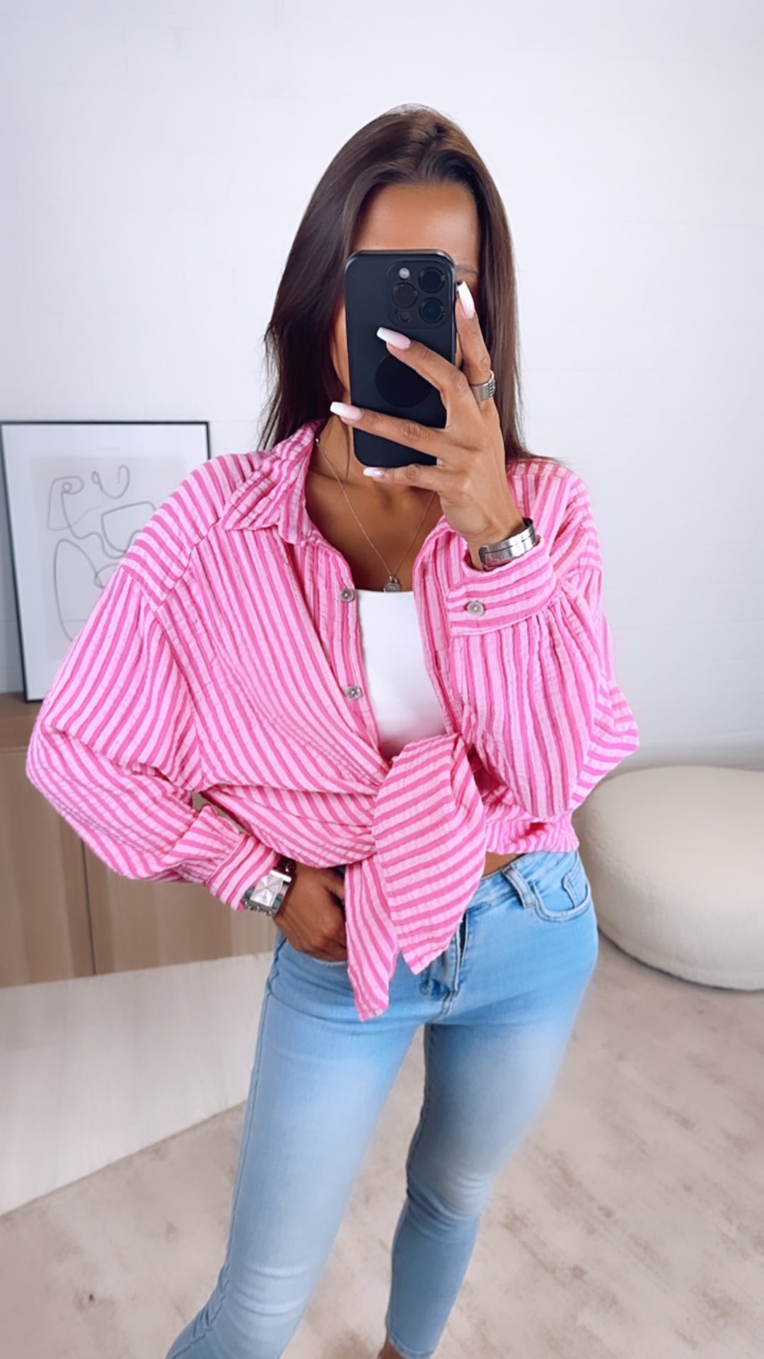KURZE Oversize Musselin Bluse, breite Streifen / pink - rosa Art. 6518