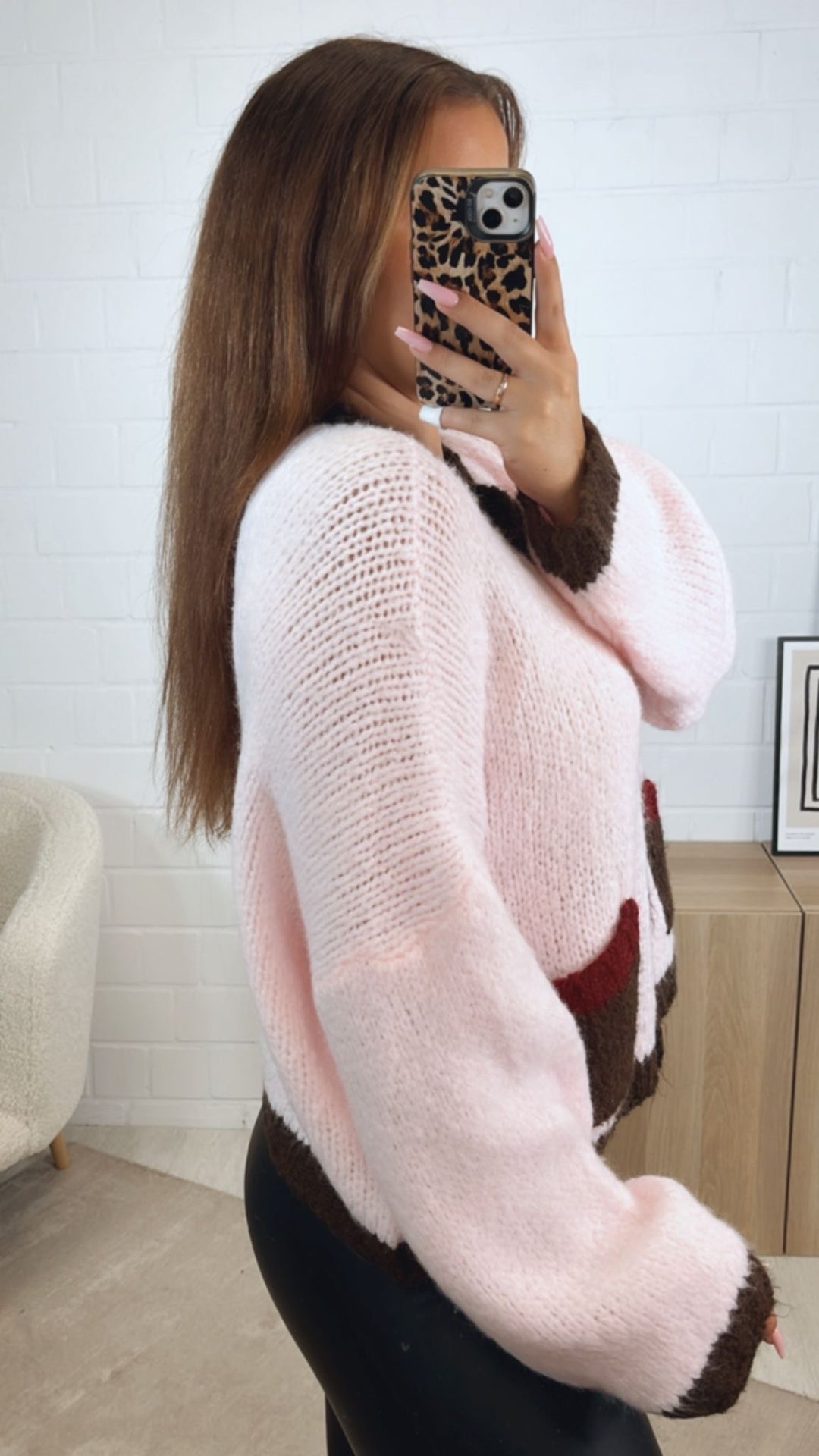 dreifarbiger Cardigan / soft rosa - dunkel braun - bordeaux rot Art. 12498