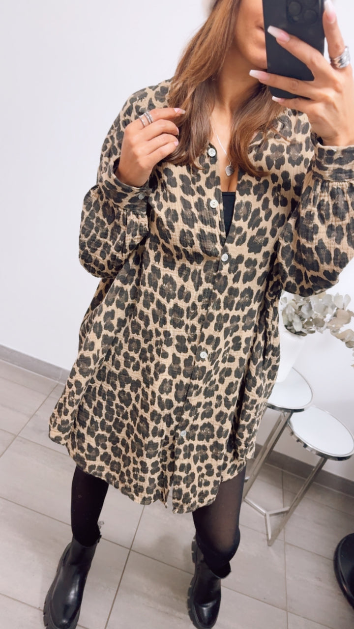 LEO LANGE Oversize Musselin Bluse / camel - schwarz - braun Art. 12853