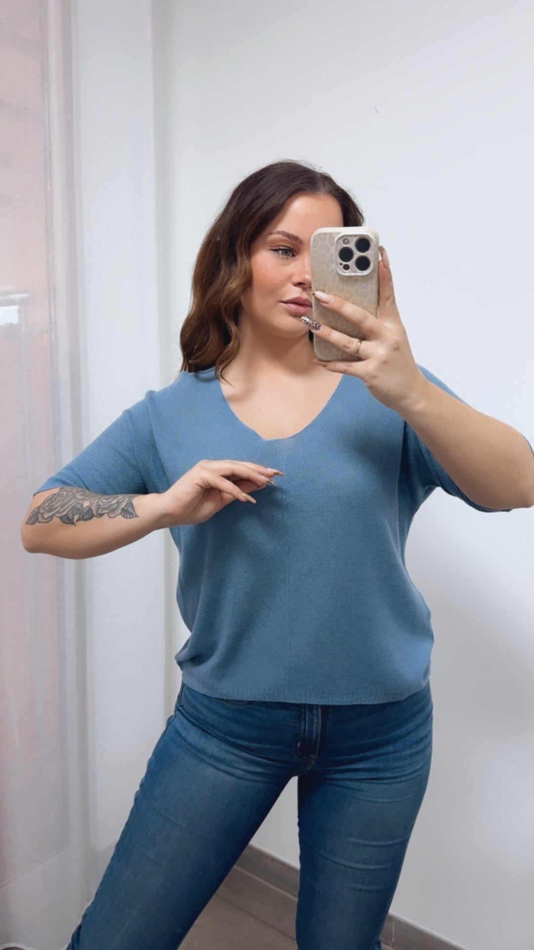 feines Strick Oberteil mit kurzen Armen / denim blau Art. 14398