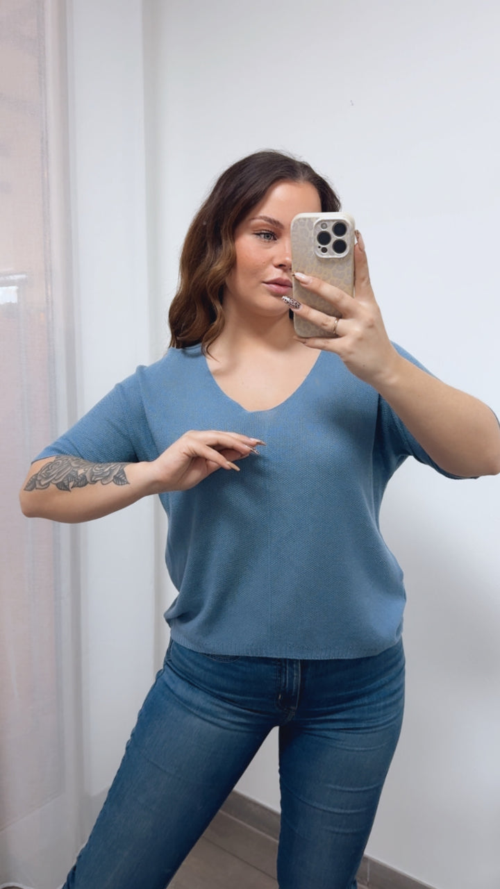feines Strick Oberteil mit kurzen Armen / denim blau Art. 14398