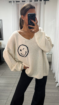 SMILEY Strick Pullover " all good " / creme - schwarz Art. 16441