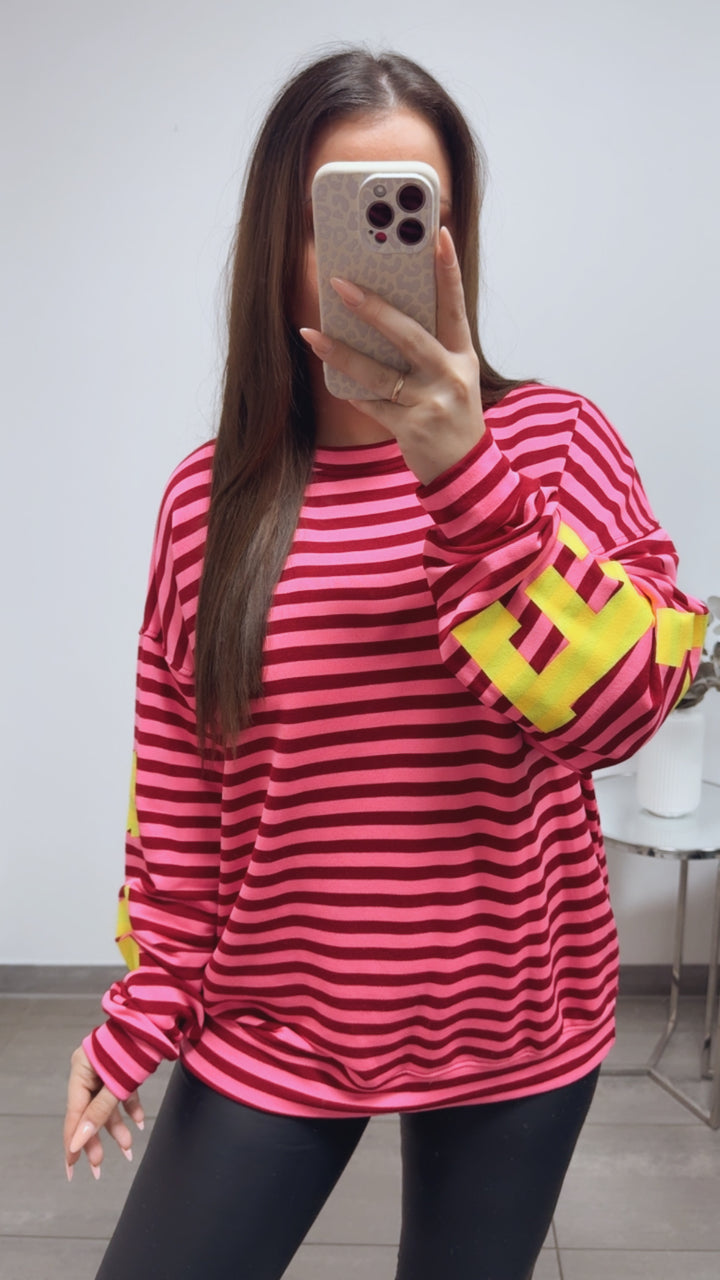 BREITE STREIFEN Pullover " all damn day " / bordeaux rot - pink - neon gelb Art. 13706