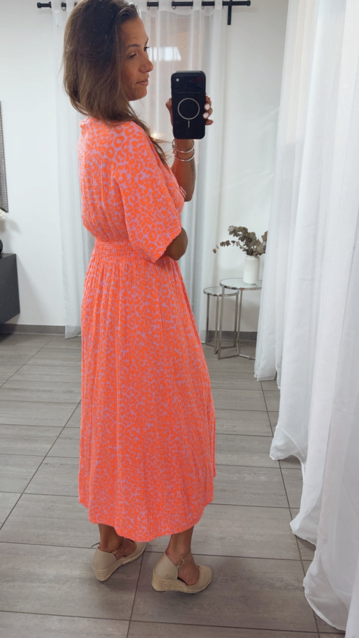 LEO Musselin Midi Sommerkleid, geraffte Taille / rosa - orange Art. 15449