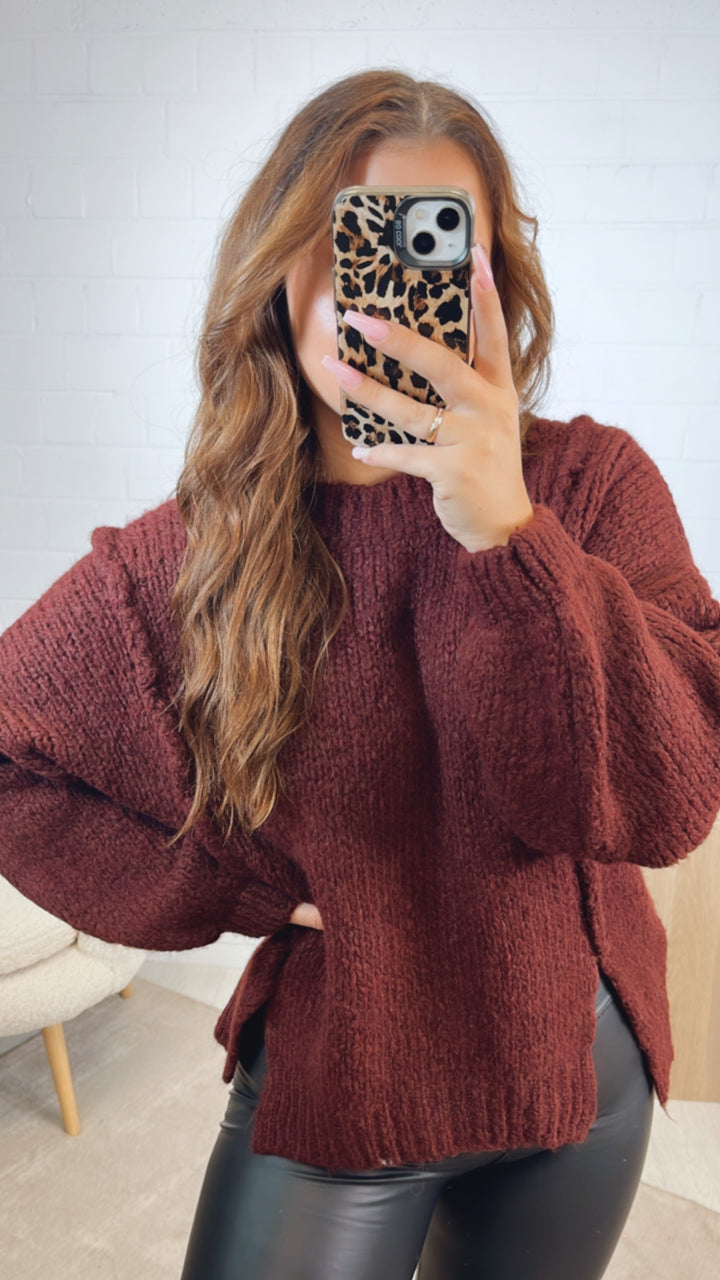 Strick Pullover, zweifacher Schlitz auf Vorderseite / bordeaux rot Art. 12507