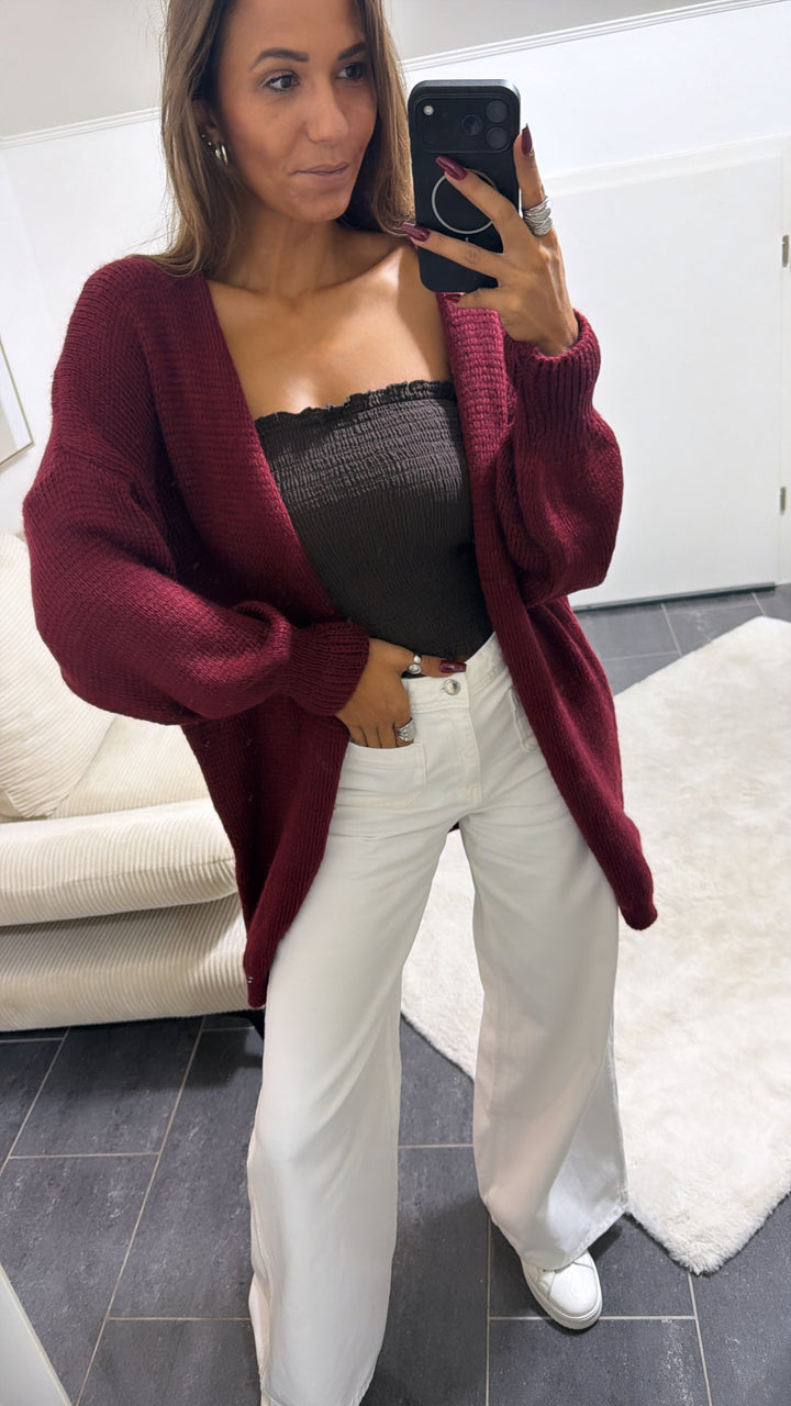 mittellanger, offener Strick Cardigan / bordeaux rot Art. 16416