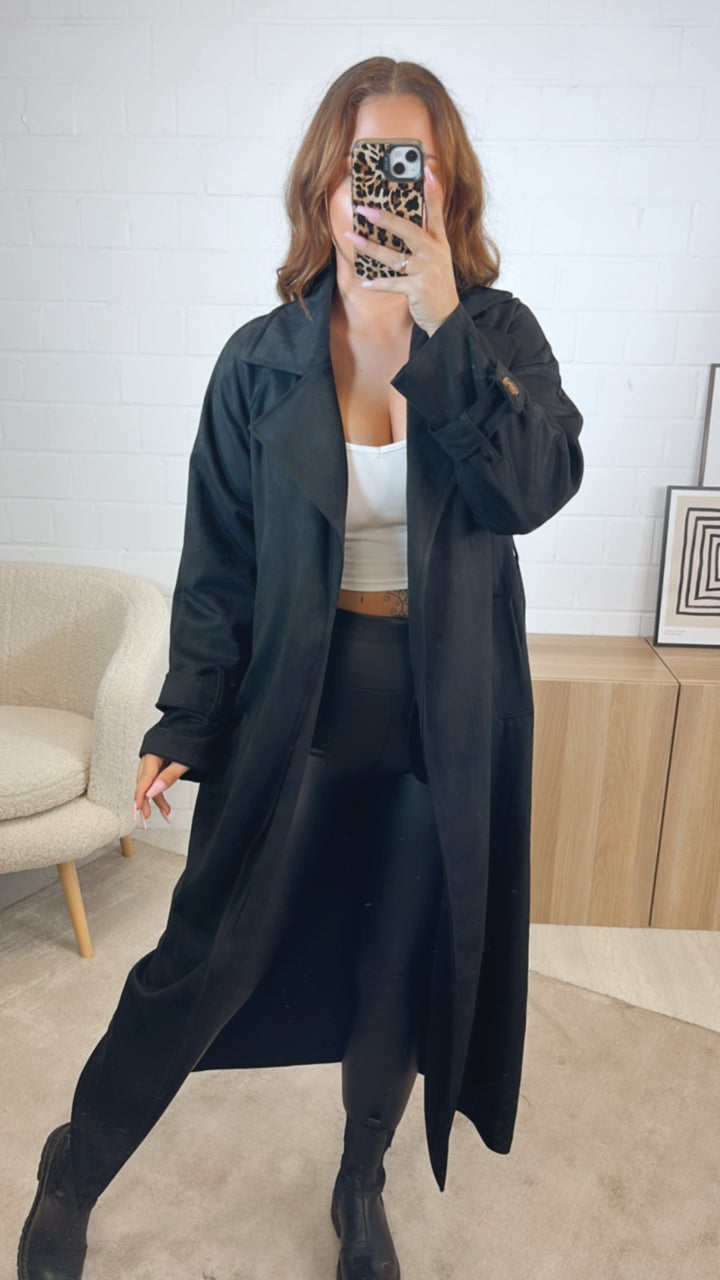 VELOURS langer Trenchcoat Mantel zum SCHNÜREN / schwarz Art. 12608