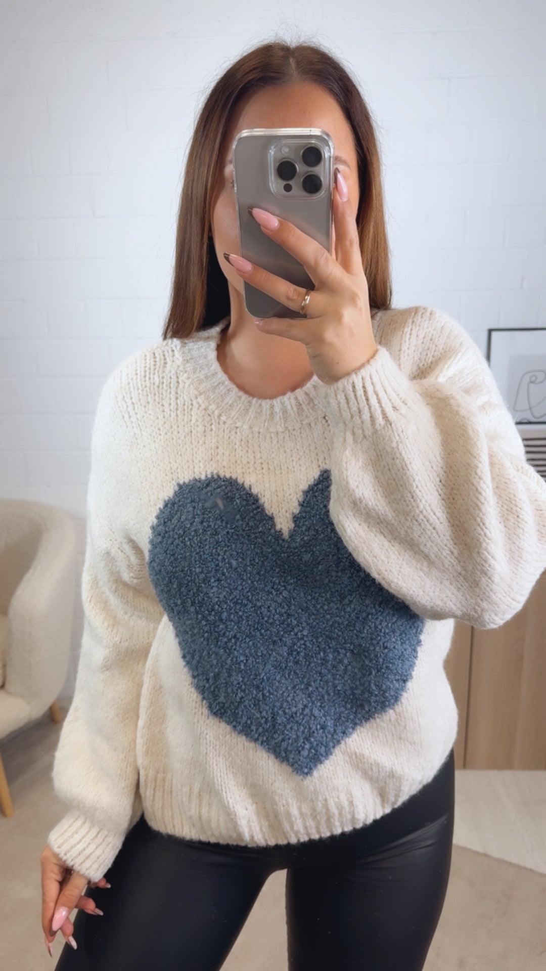 Strick Pullover mit Teddy Herz / creme - denim blau Art. 13085
