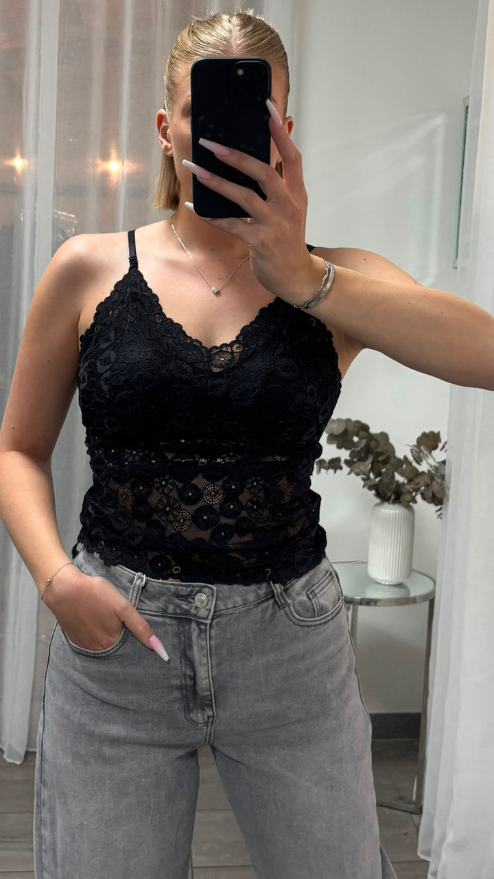 Elegantes, längeres Spitzen Top, florale Spitze / schwarz Art. 16039