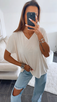 T-shirt Oberteil mit V-Ausschnitt / beige -weiss  Art. 10314
