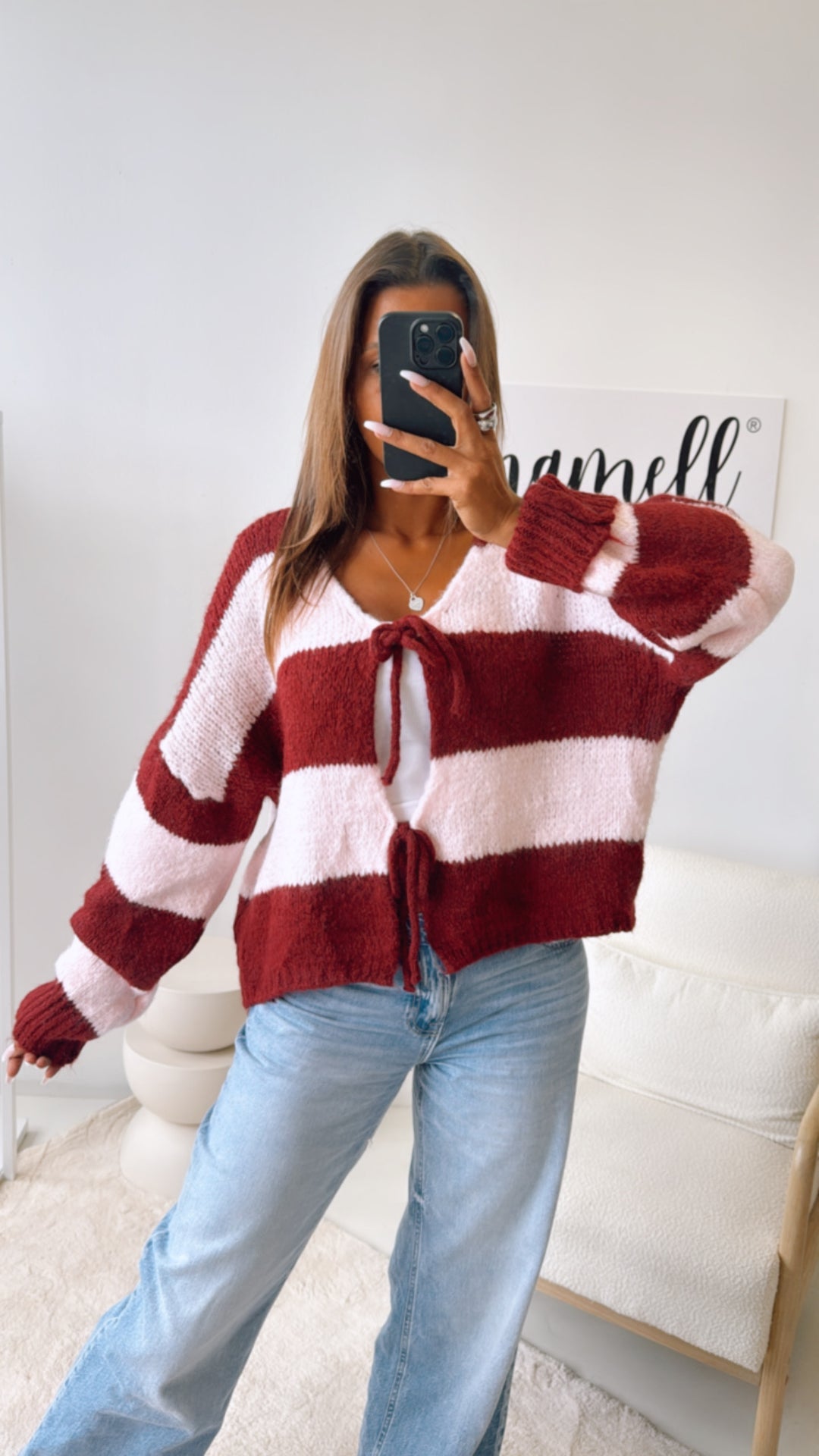 STREIFEN Strick Cardigan zum schnüren / soft rosa- Bordeaux rot  Art. 10821