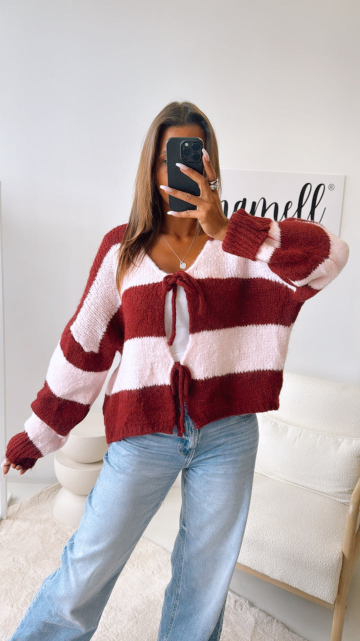 STREIFEN Strick Cardigan zum schnüren / soft rosa- Bordeaux rot  Art. 10821