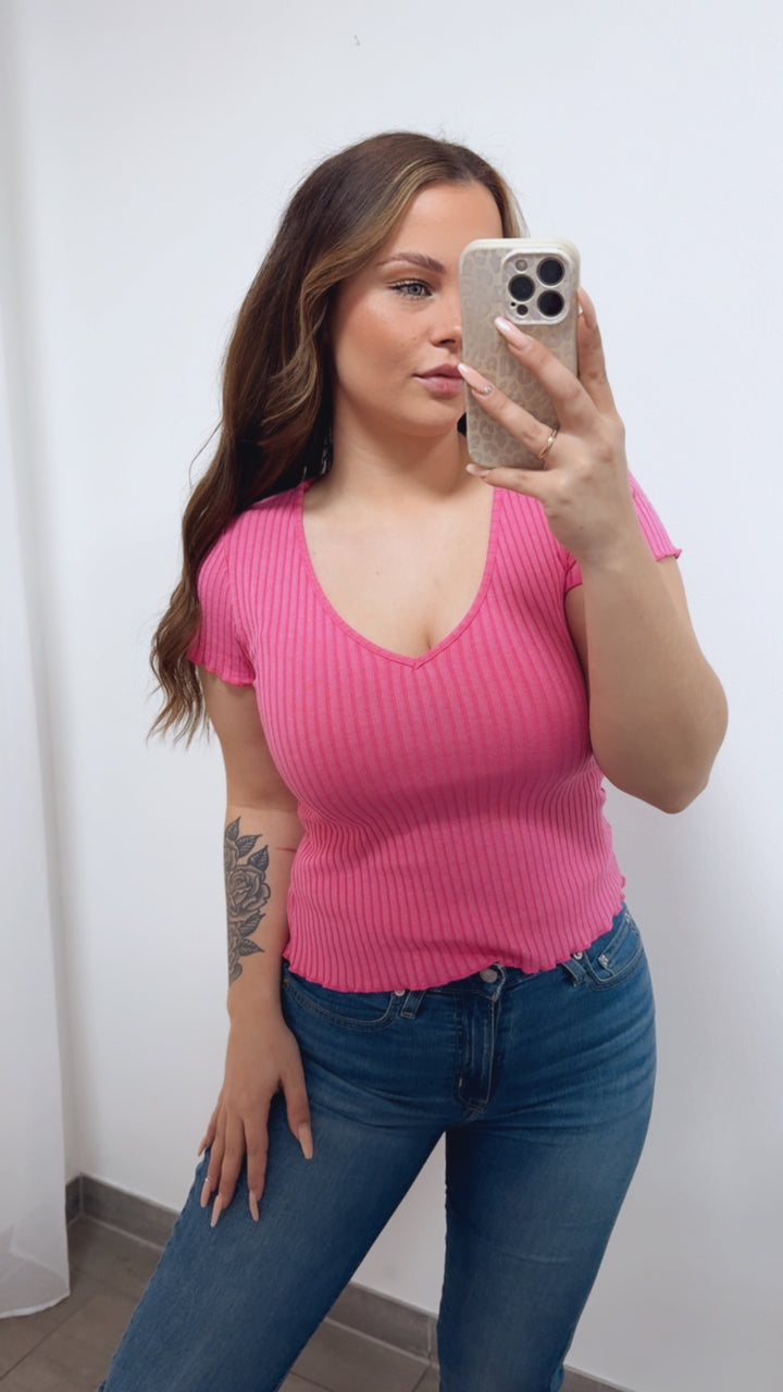 V-Ausschnitt Ripp T-Shirt / pink Art.14712