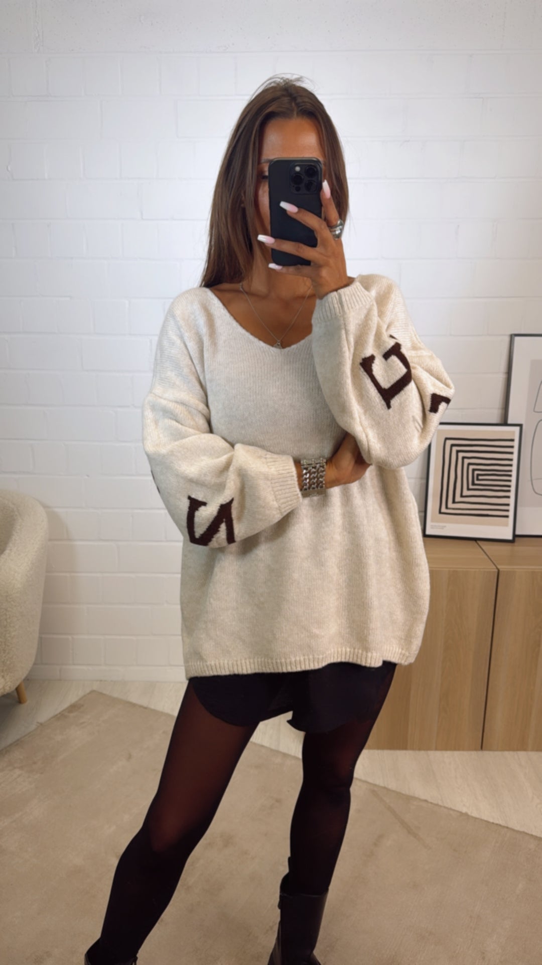 Strick Pullover "Namaste" / <b>beige</b> - braun Art. 12304