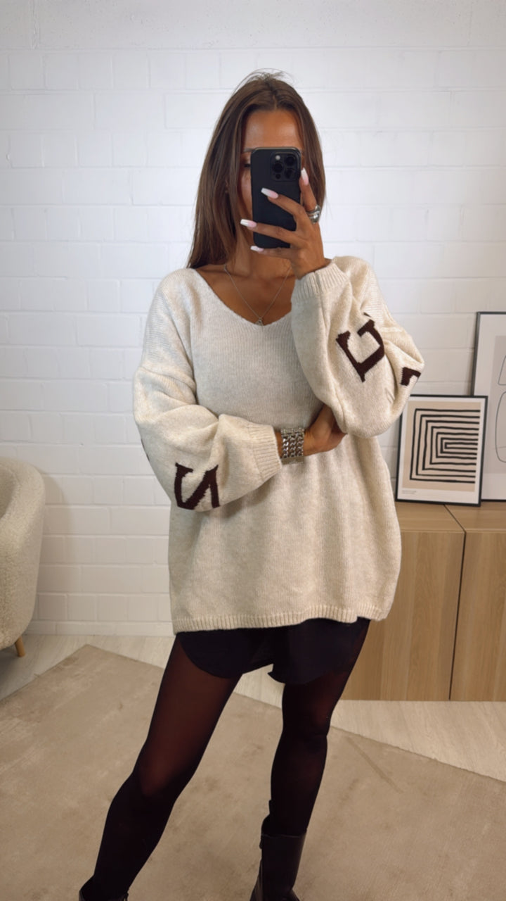 Strick Pullover "Namaste" / <b>beige</b> - braun Art. 12304