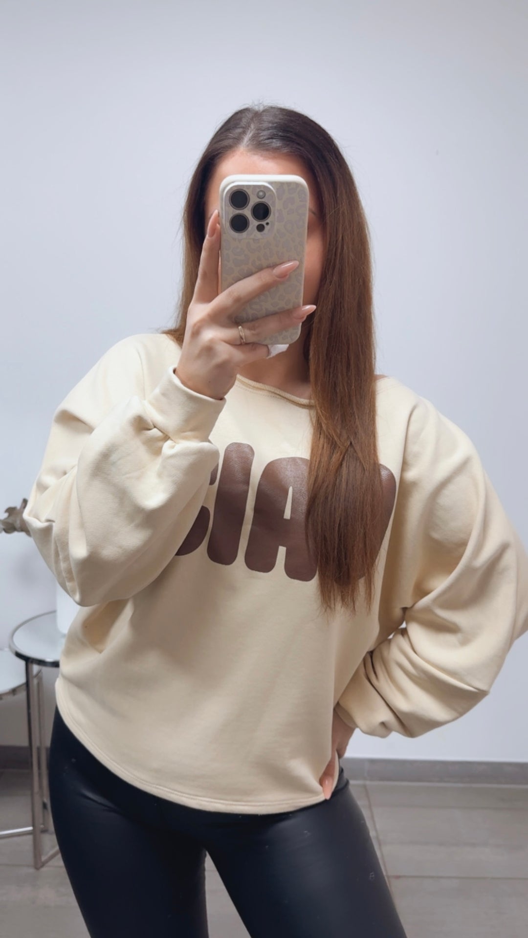 weiter Pullover " Ciao " / hell beige - braun Art. 13691