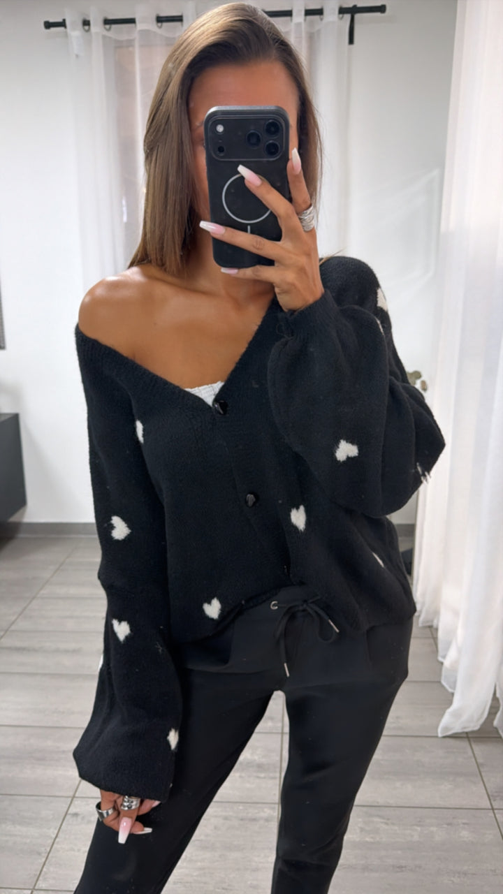 HERZKNÖPFE Cardigan mit Herzen / schwarz  - weiss Art. 11201