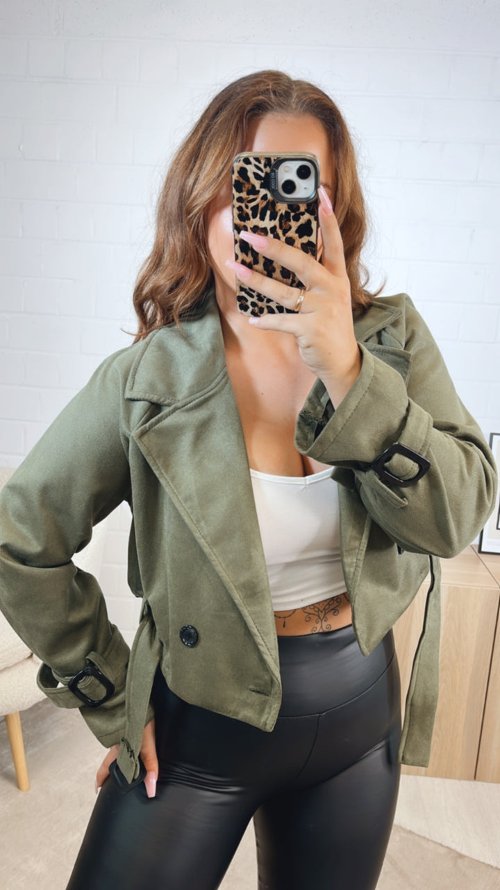 VELOURS kurze Trenchcoat Jacke / khaki Art. 12603