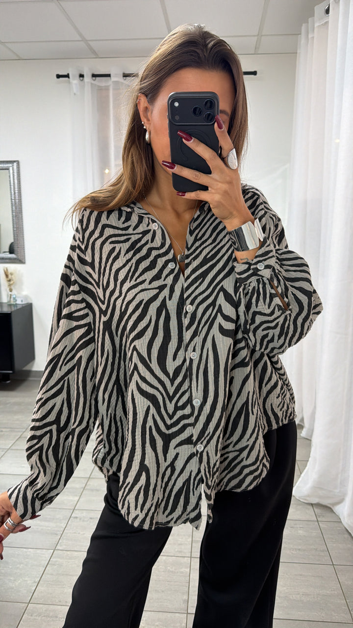 ZEBRA KURZE Oversize Musselin Bluse / grau - schwarz Art. 16462