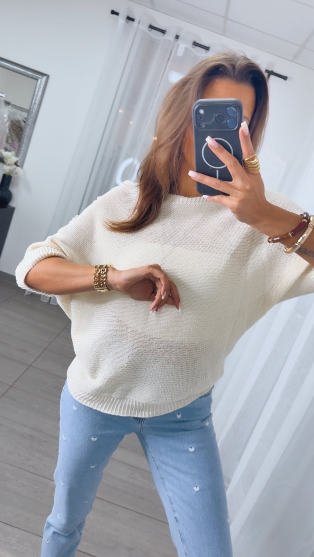 AUFGESETZTE BLUMEN leichter Strick Pullover / beige Art.14988