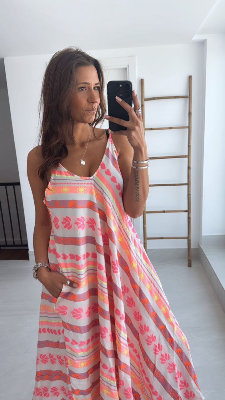 (Maxi-) PREMIUM Summer Vibe Kleid / Hängerchen " Happy Day " / creme - pink - neon gelb Art. 9574