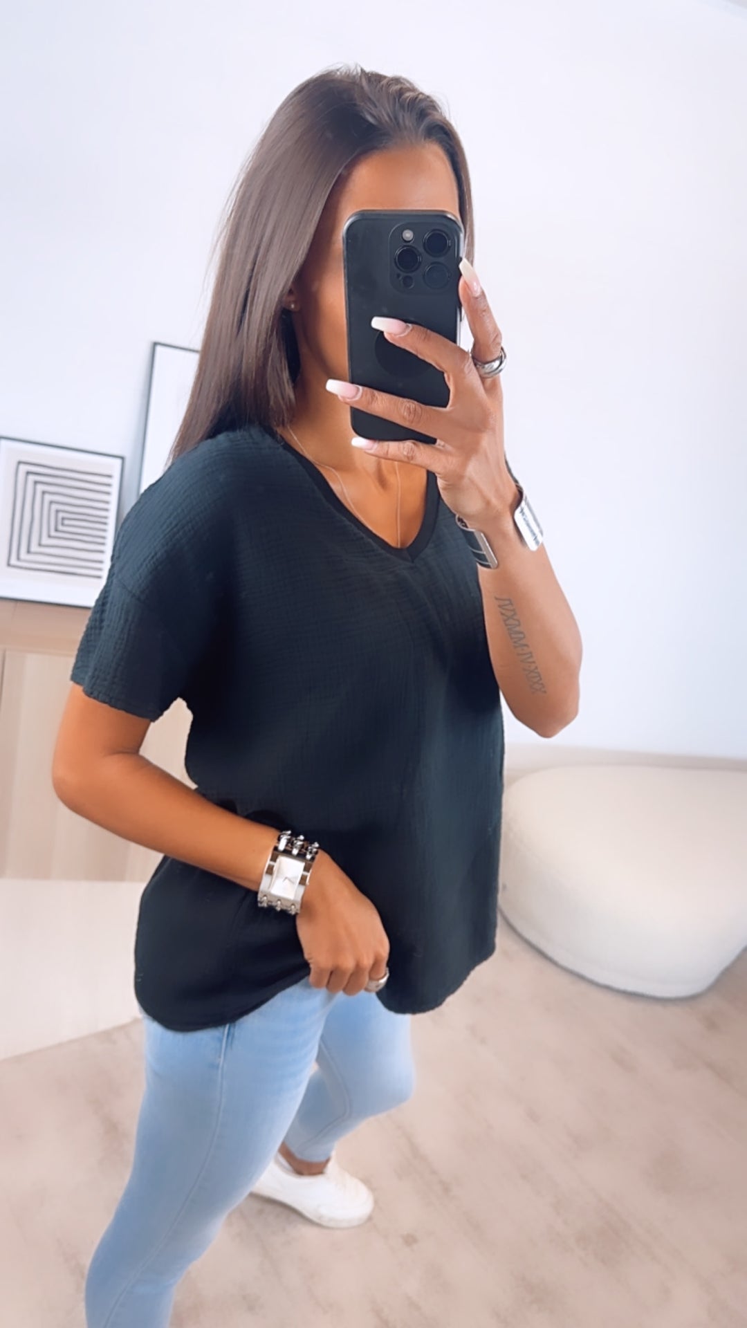 Musselin T-shirt, weiter Schnitt / schwarz Art. 6598
