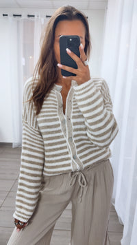 DÜNNE STREIFEN Cardigan mit Perlmutt - Knöpfen / beige - weiss Art. 14367
