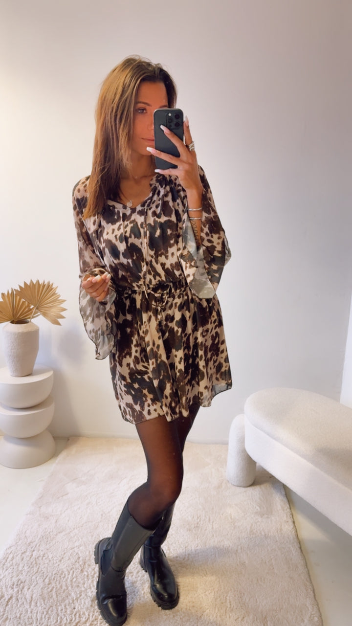 leichtes Kleid im ausgefallenen Muster / schoko braun - creme  - schwarz Art. 13186