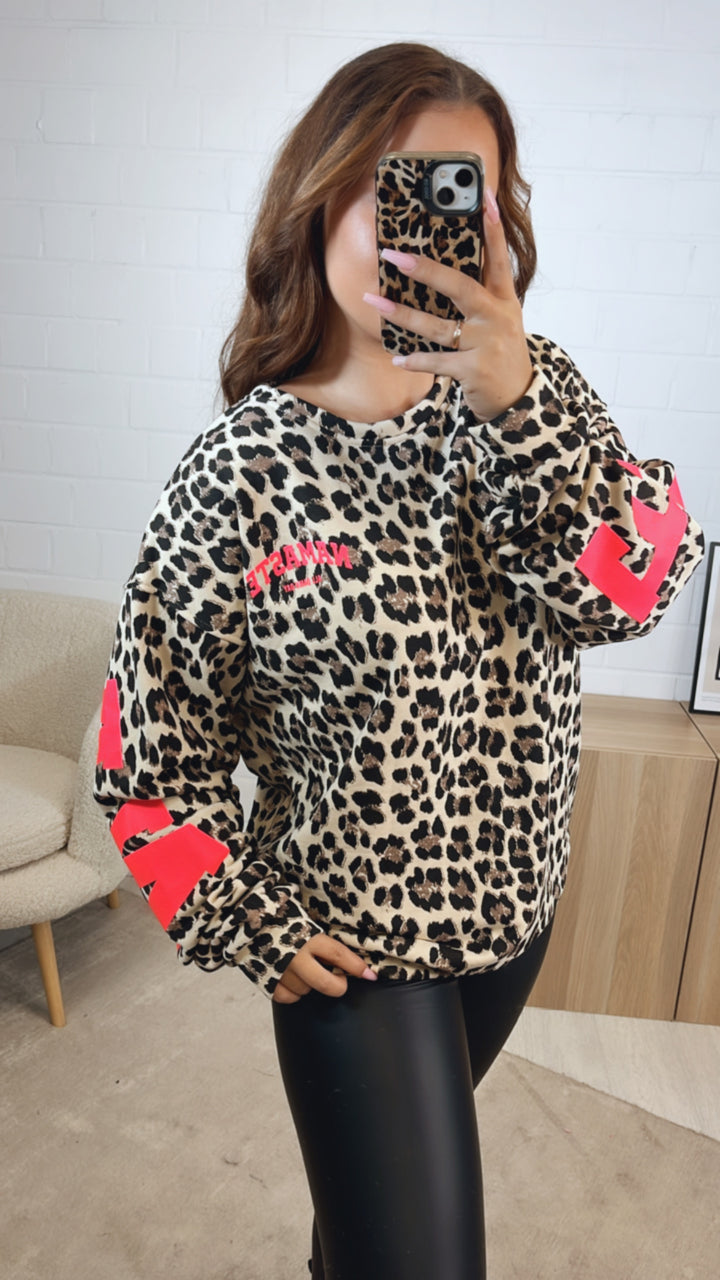 LEO " Namaste " Pullover / creme - braun - schwarz - neon pink Art. 12575