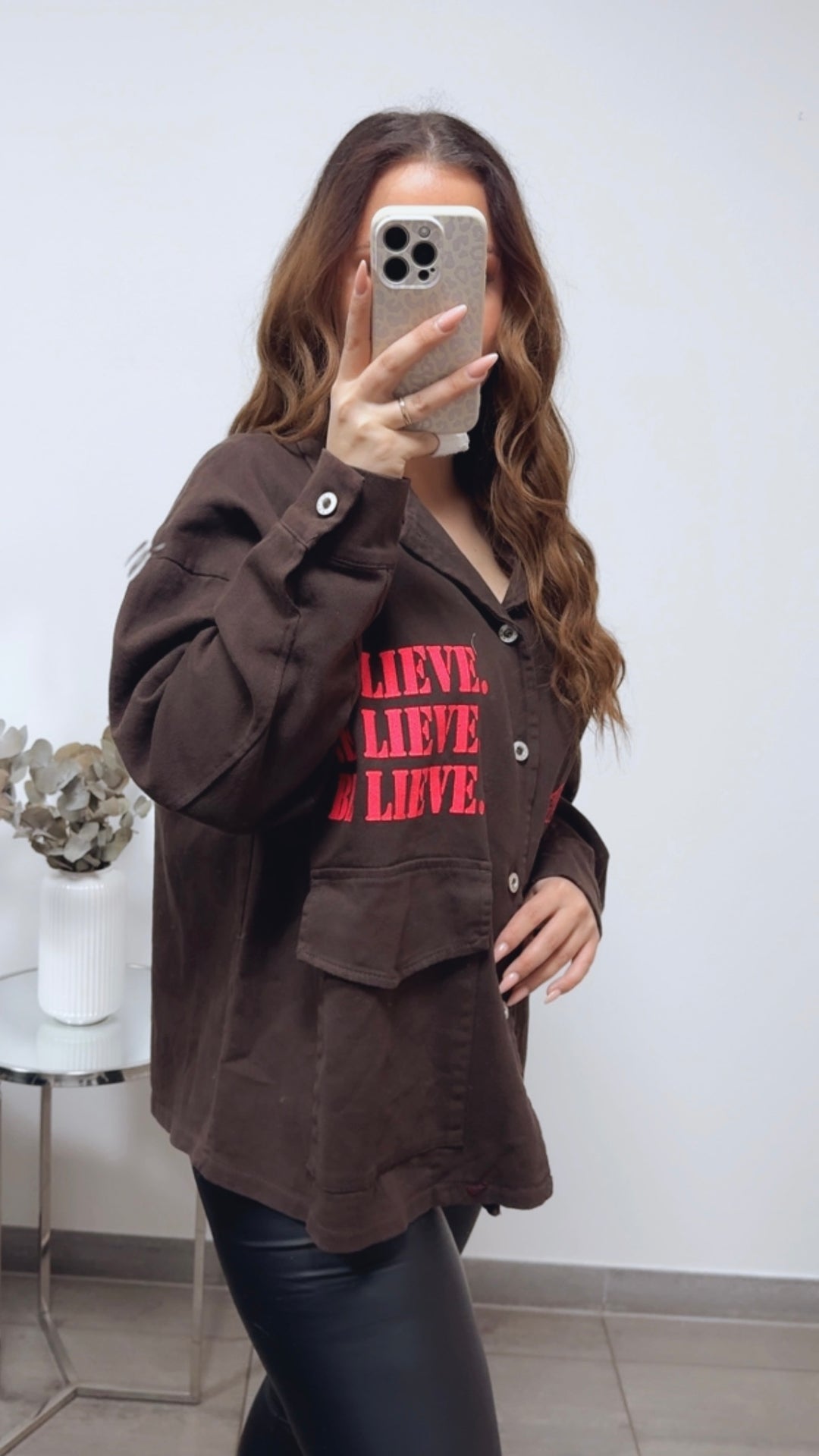 Jeans Hemd Jacke " Be Lieve " / schoko braun - pink Art. 13582