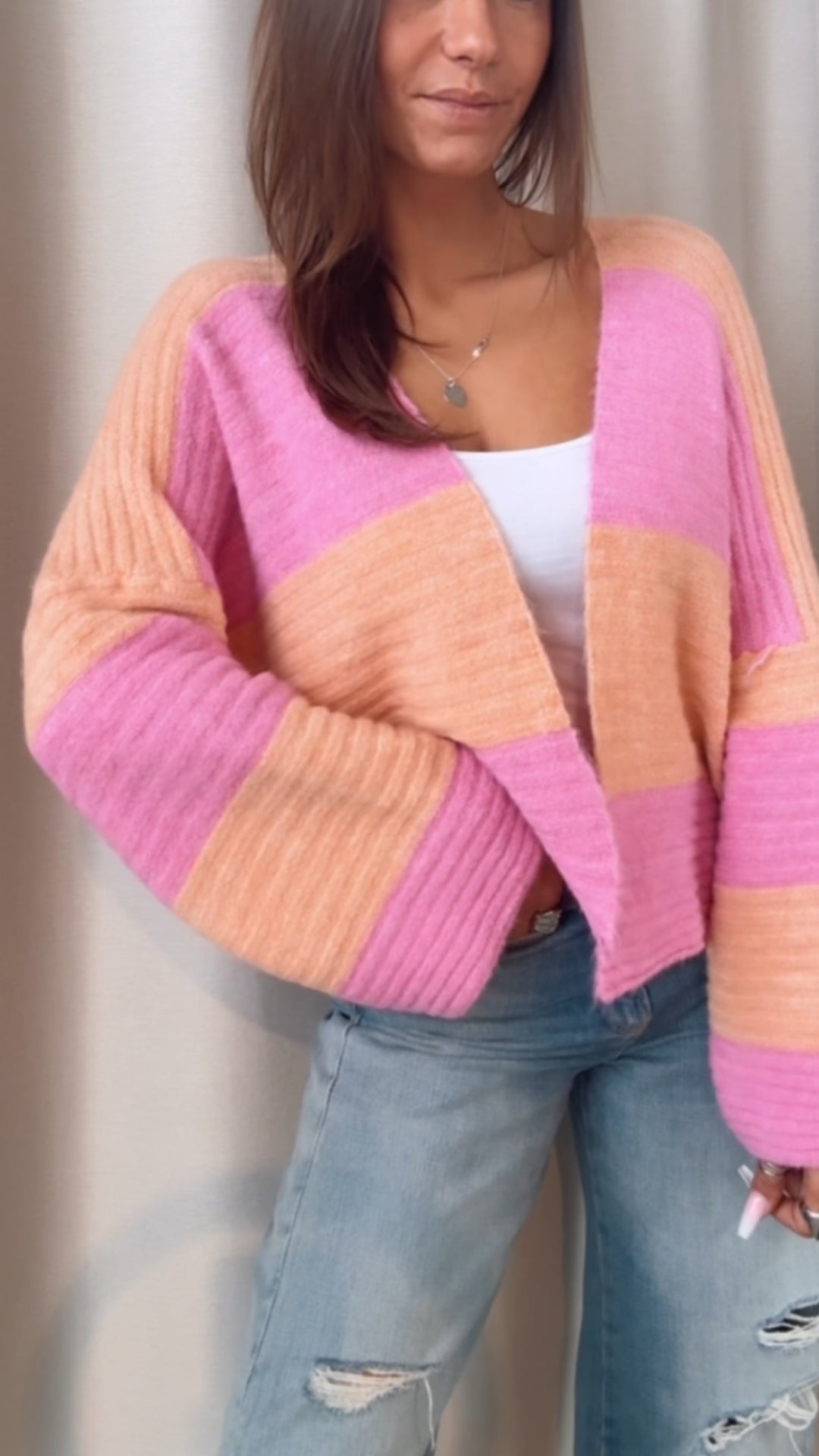 STREIFEN weiter, offener Cardigan / soft apricot - pink Art. 14372