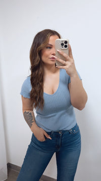 V-Ausschnitt Ripp T-Shirt / denim Art.14711