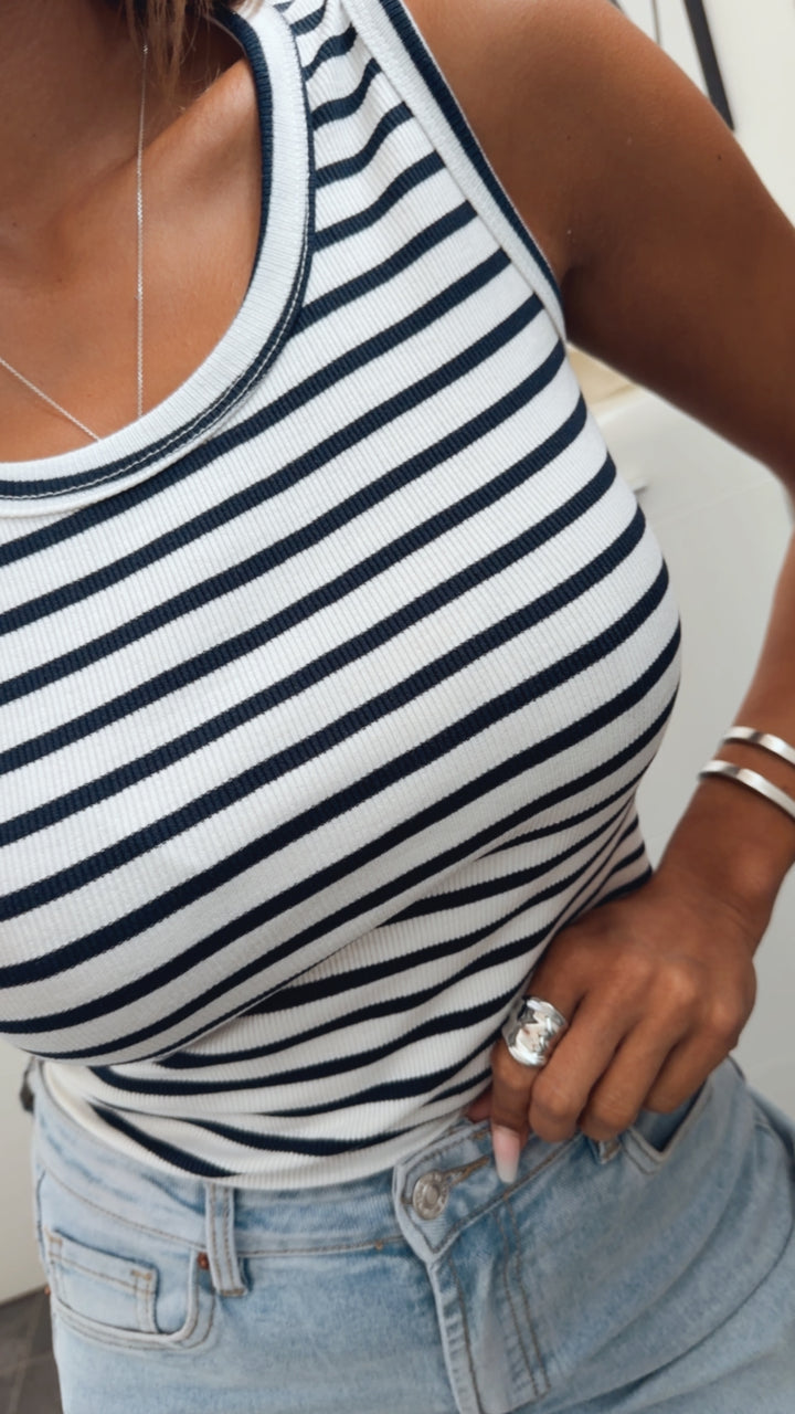 STREIFEN geripptes Tank Top / weiß - dunkel blau Art. 15244