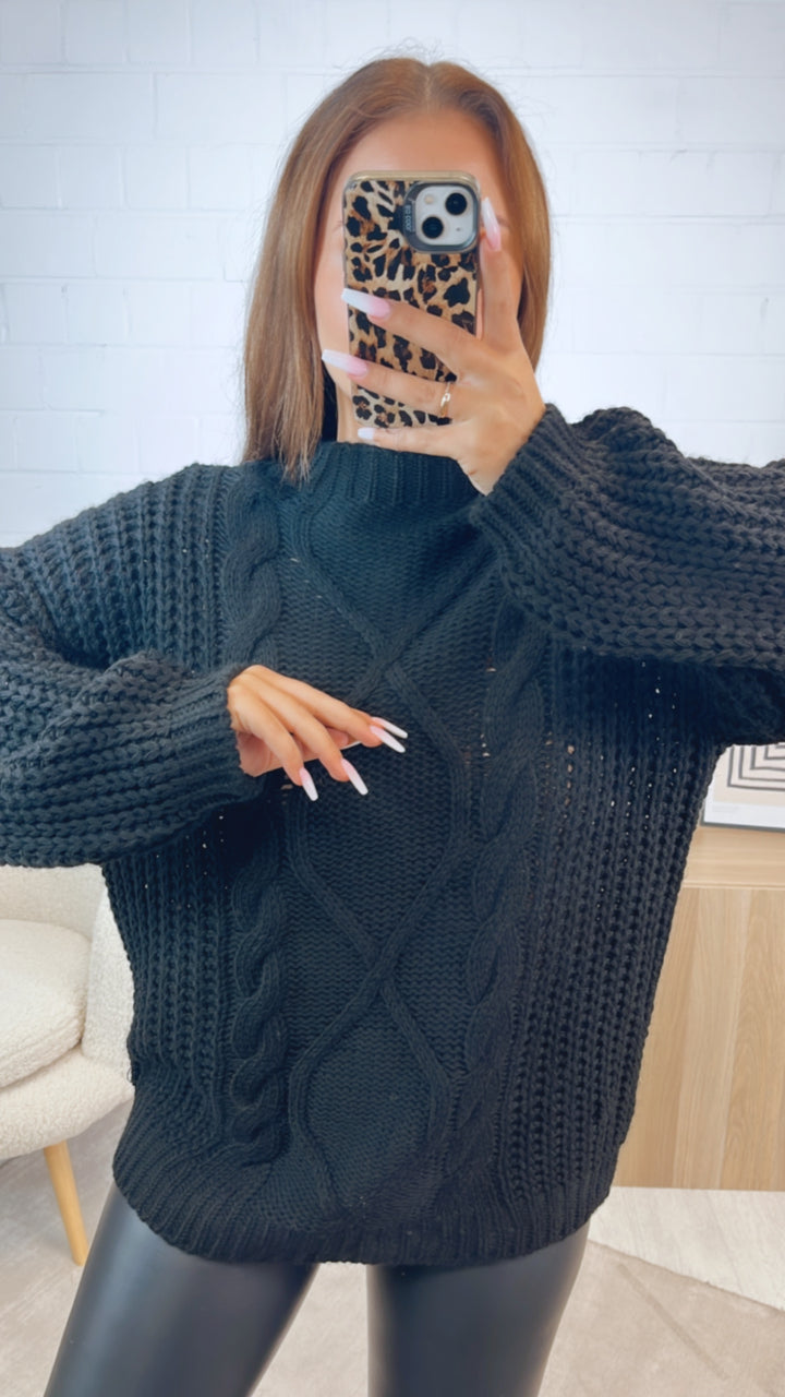 grober Strick Pullover mit Zopfmuster / schwarz Art. 12373