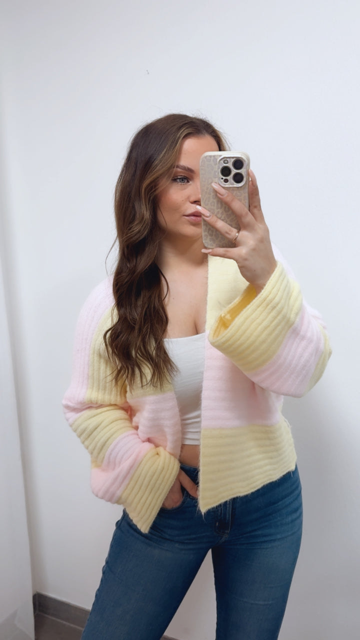 STREIFEN weiter, offener Cardigan / soft rosa - soft gelb Art. 14684