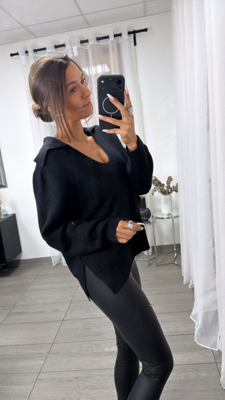 Strick Pullover mit tiefem Ausschnitt und Kragen / schwarz Art.16377